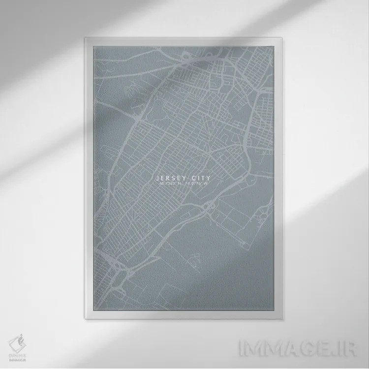 تابلو دکوراتیو New Jersey, City Map Grey Blue Style,نقشه شهر جرزی سیتی… اثر وال دکور ادیکت - نمای قابدار سفید