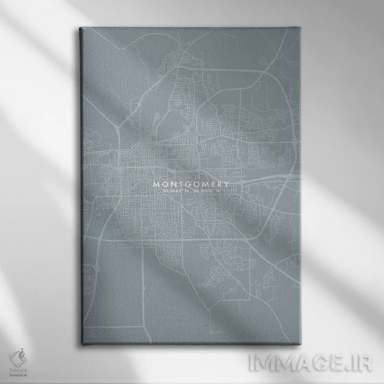 تابلو دکوراتیو Alabama City Map Grey Blue Style,نقشه شهر مونتگومری، آلا… اثر وال دکور ادیکت - نمای روبهرو روی دیوار