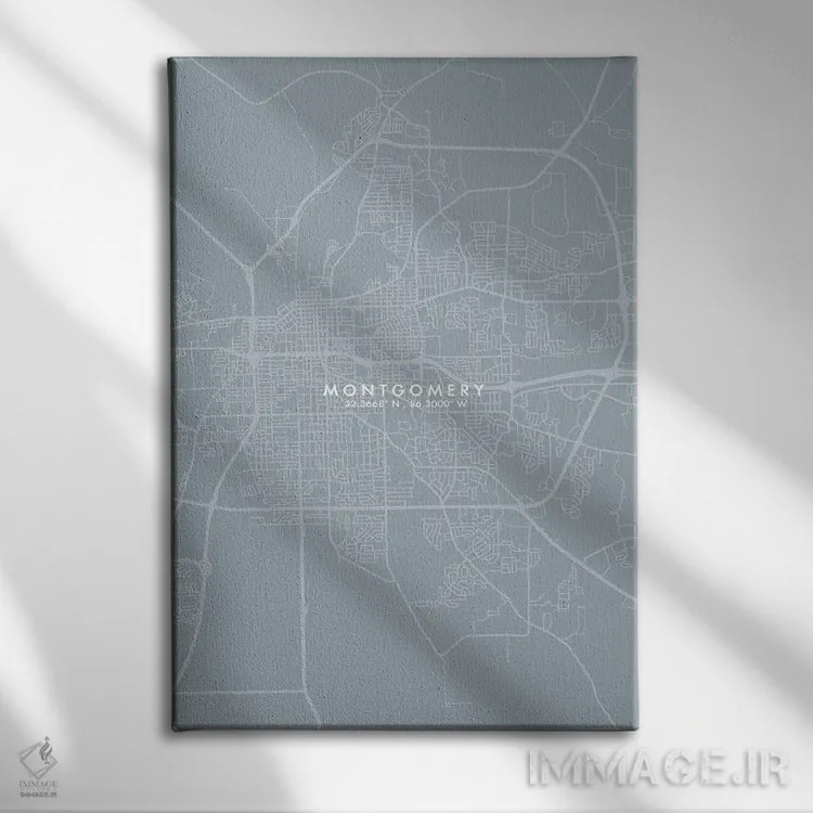 تابلو دکوراتیو Alabama City Map Grey Blue Style,نقشه شهر مونتگومری، آلا… اثر وال دکور ادیکت - نمای روبهرو روی دیوار