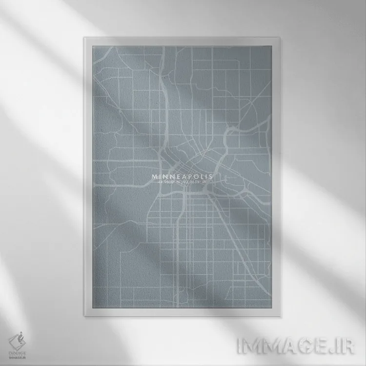 تابلو دکوراتیو نقشه شهر مینیاپولیس به سبک خاکستری و آبی اثر وال دکور ادیکت - نمای قابدار سفید
