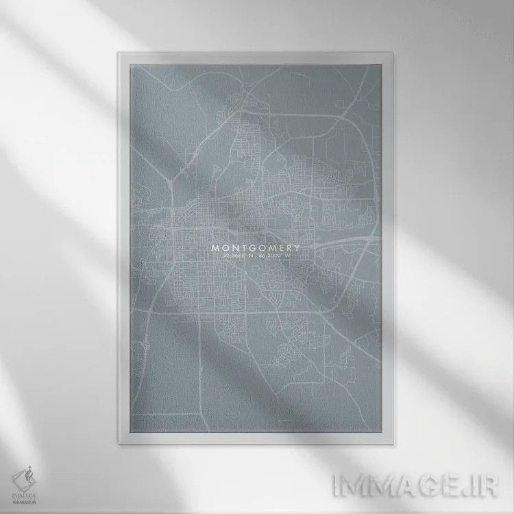 تابلو دکوراتیو Alabama City Map Grey Blue Style,نقشه شهر مونتگومری، آلا… اثر وال دکور ادیکت - نمای قابدار سفید