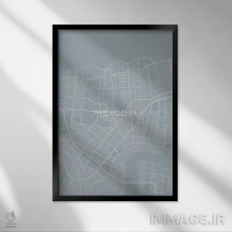 تابلو دکوراتیو نقشه شهر نیواورلئان به سبک خاکستری و آبی اثر وال دکور ادیکت - نمای قابدار مشکی