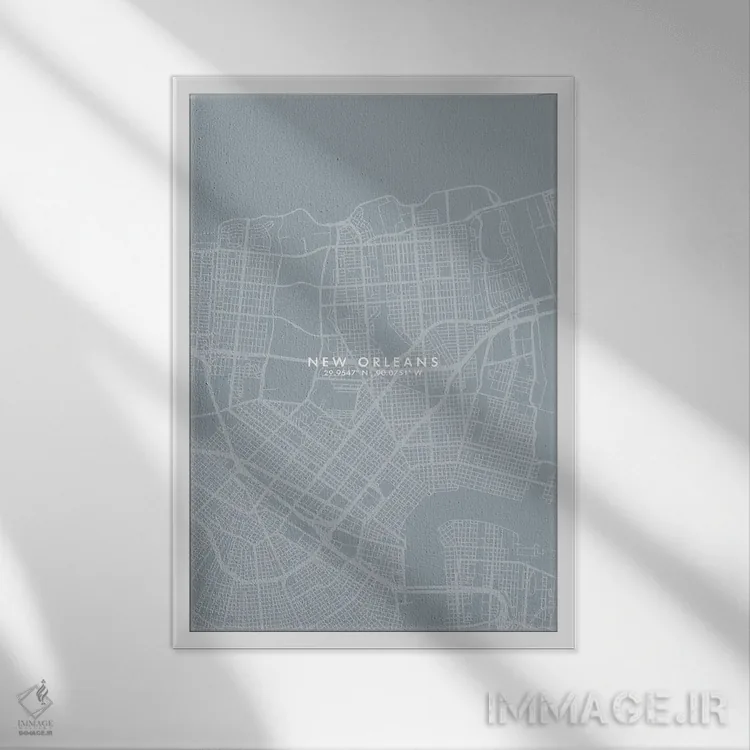 تابلو دکوراتیو نقشه شهر نیواورلئان به سبک خاکستری و آبی اثر وال دکور ادیکت - نمای قابدار سفید