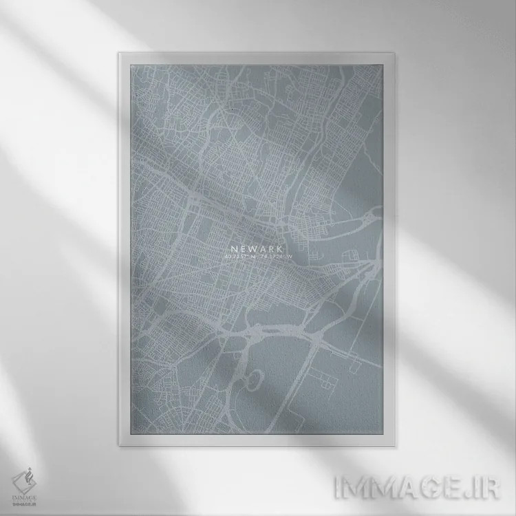 تابلو دکوراتیو New Jersey City Map Grey Blue Style,نقشه شهر نیوآرک، نیو… اثر وال دکور ادیکت - نمای قابدار سفید