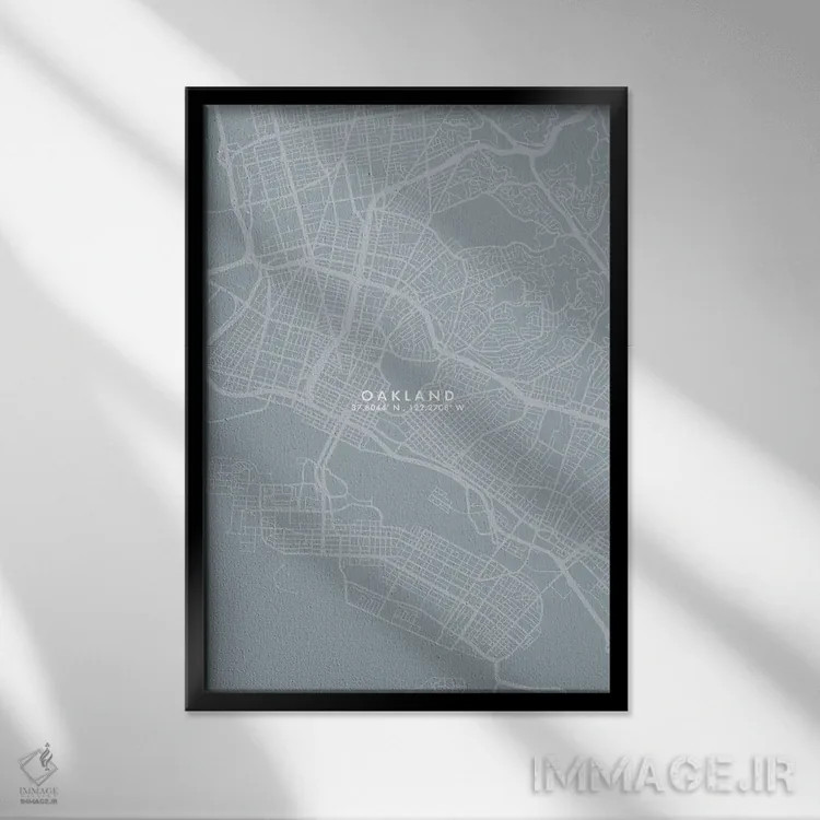 تابلو دکوراتیو California City Map Grey Blue Style,نقشه شهر اوکلند، کال… اثر وال دکور ادیکت - نمای قابدار مشکی