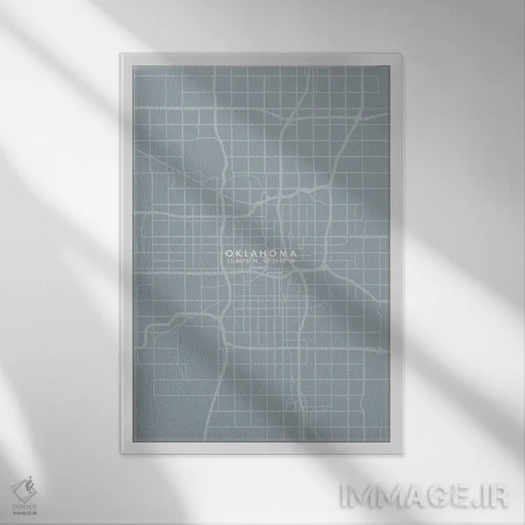 تابلو دکوراتیو نقشه شهر اوکلاهما سیتی به سبک خاکستری و آبی اثر وال دکور ادیکت - نمای قابدار سفید