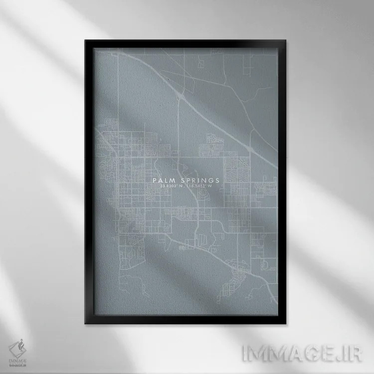 تابلو دکوراتیو California City Map Grey Blue Style,نقشه شهر پالم اسپرین… اثر وال دکور ادیکت - نمای قابدار مشکی