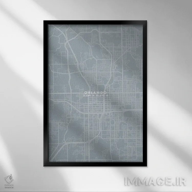تابلو دکوراتیو نقشه شهر اورلاندو به سبک خاکستری و آبی اثر وال دکور ادیکت - نمای قابدار مشکی