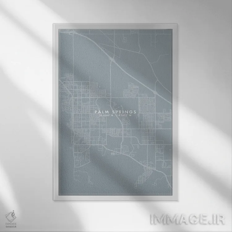 تابلو دکوراتیو California City Map Grey Blue Style,نقشه شهر پالم اسپرین… اثر وال دکور ادیکت - نمای قابدار سفید