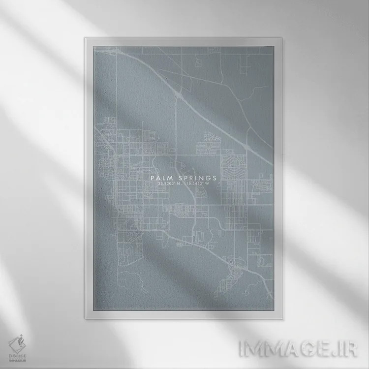 تابلو دکوراتیو California City Map Grey Blue Style,نقشه شهر پالم اسپرین… اثر وال دکور ادیکت - نمای قابدار سفید