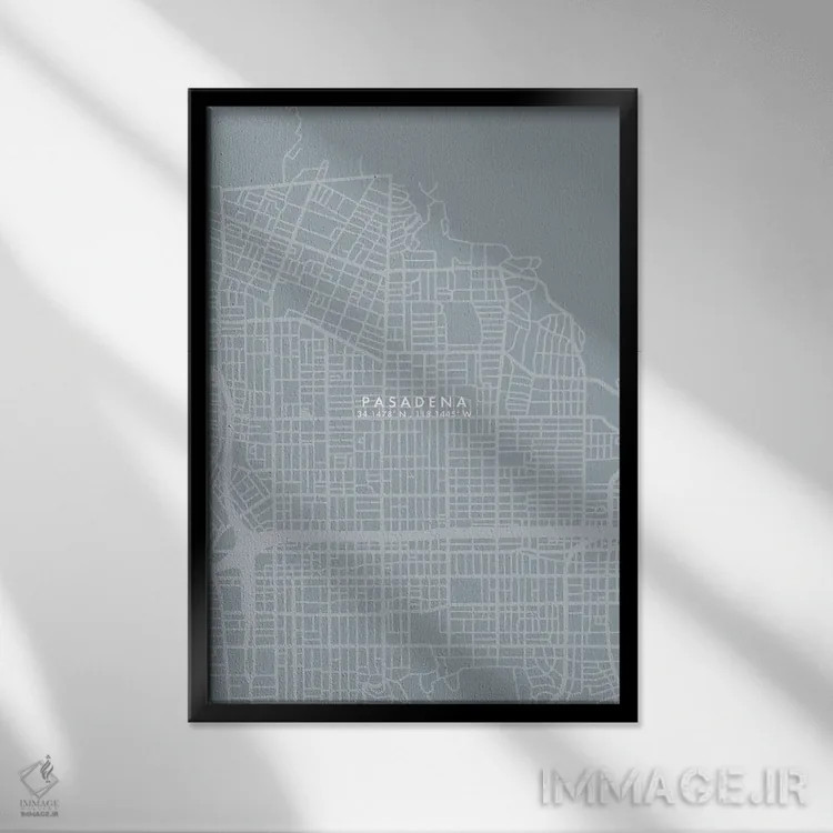 تابلو دکوراتیو California City Map Grey Blue Style,نقشه شهر پاسادنا، کا… اثر وال دکور ادیکت - نمای قابدار مشکی