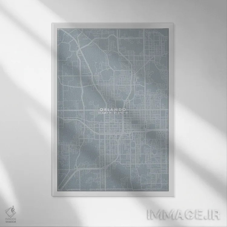 تابلو دکوراتیو نقشه شهر اورلاندو به سبک خاکستری و آبی اثر وال دکور ادیکت - نمای قابدار سفید