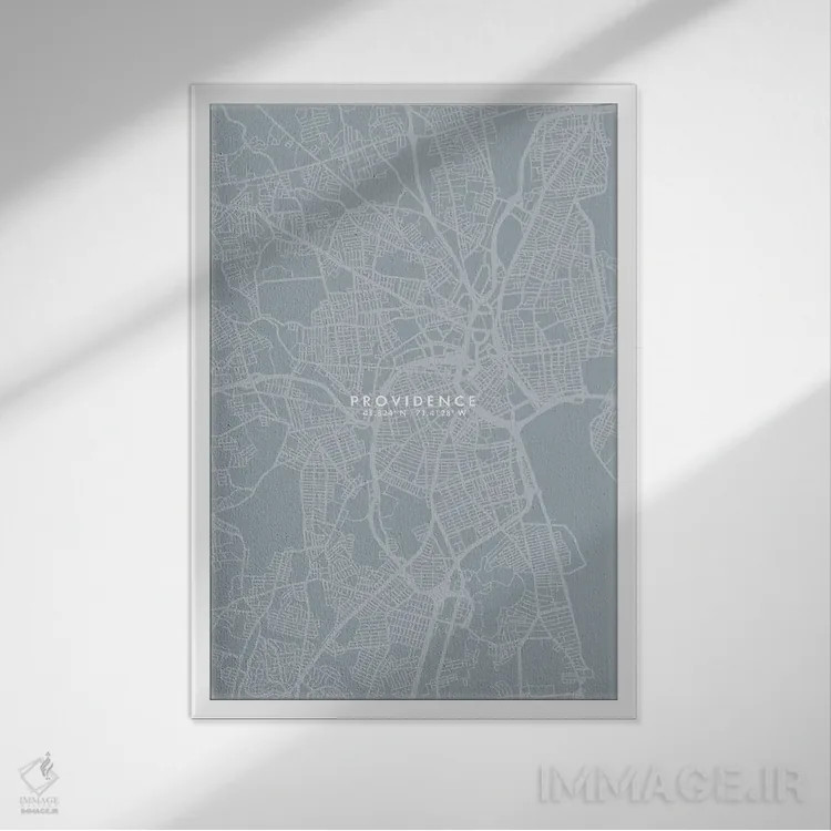 تابلو دکوراتیو نقشه شهر پراویدنس به سبک خاکستری و آبی اثر وال دکور ادیکت - نمای قابدار سفید