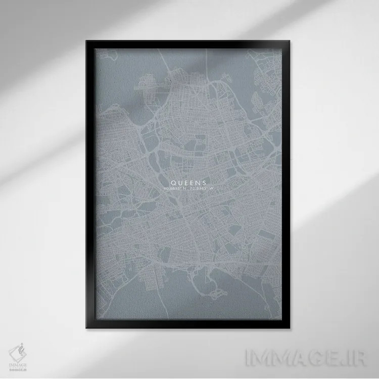 تابلو دکوراتیو New York City Map Grey Blue Style,نقشه منطقه کویینز، نیو… اثر وال دکور ادیکت - نمای قابدار مشکی