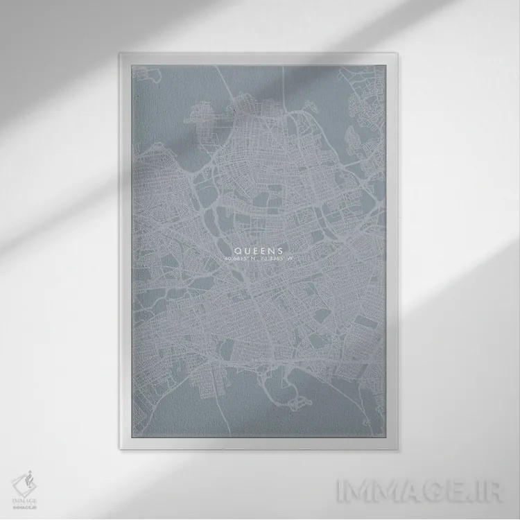 تابلو دکوراتیو New York City Map Grey Blue Style,نقشه منطقه کویینز، نیو… اثر وال دکور ادیکت - نمای قابدار سفید