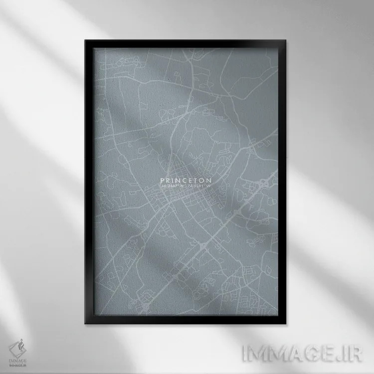 تابلو دکوراتیو New Jersey City Map Grey Blue Style,نقشه شهر پرینستون، ن… اثر وال دکور ادیکت - نمای قابدار مشکی
