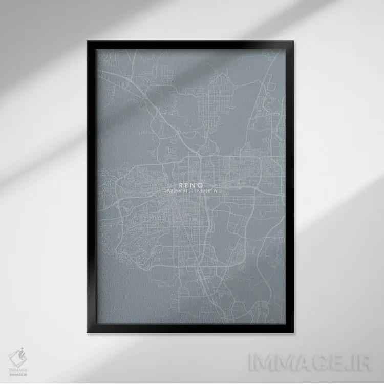 تابلو دکوراتیو Nevada City Map Grey Blue Style,نقشه شهر رینو، نوادا به… اثر وال دکور ادیکت - نمای قابدار مشکی