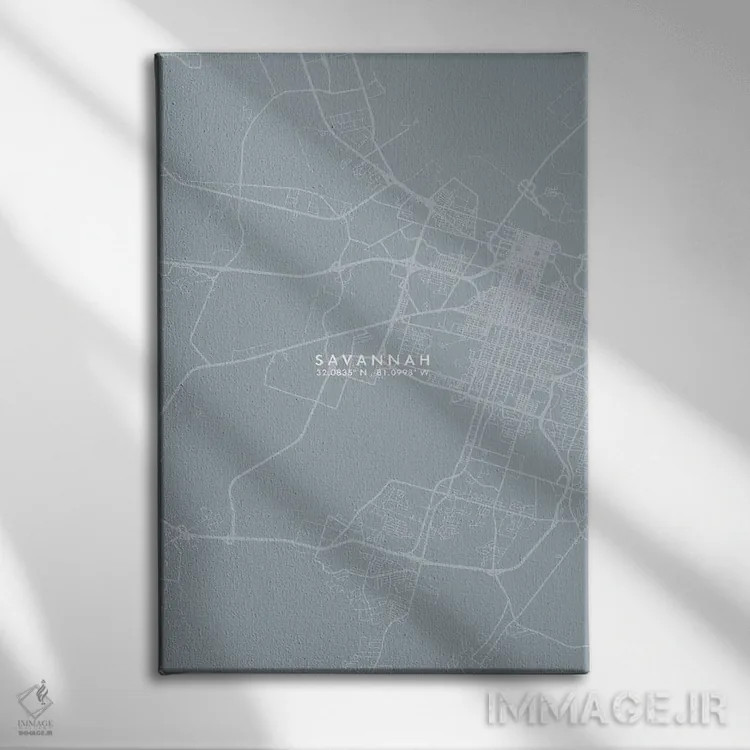 تابلو دکوراتیو Georgia City Map Grey Blue Style,نقشه شهر ساوانا، جورجیا… اثر وال دکور ادیکت - نمای روبهرو روی دیوار