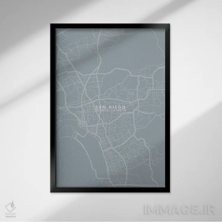 تابلو دکوراتیو نقشه شهر سن دیگو به سبک خاکستری و آبی اثر وال دکور ادیکت - نمای قابدار مشکی