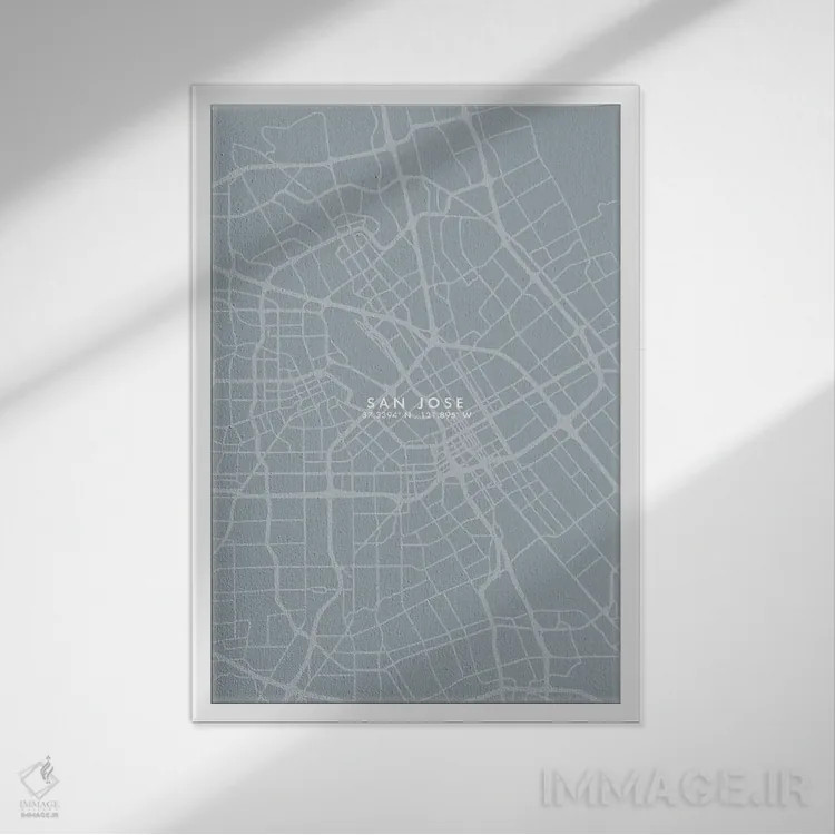 تابلو دکوراتیو نقشه شهر سن خوزه به سبک خاکستری و آبی اثر وال دکور ادیکت - نمای قابدار سفید