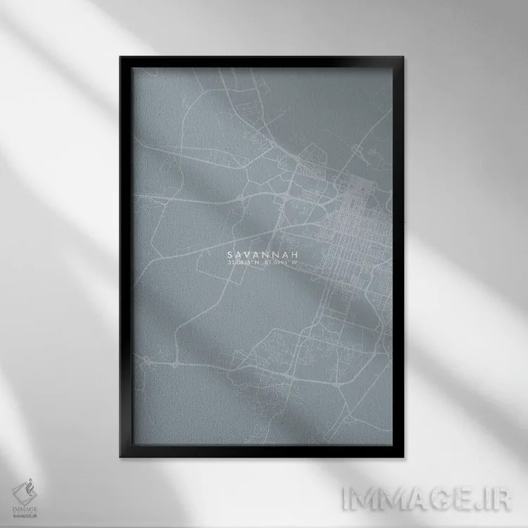 تابلو دکوراتیو Georgia City Map Grey Blue Style,نقشه شهر ساوانا، جورجیا… اثر وال دکور ادیکت - نمای قابدار مشکی