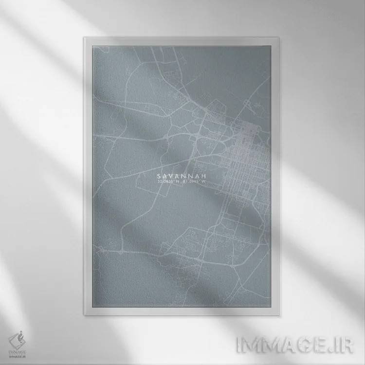 تابلو دکوراتیو Georgia City Map Grey Blue Style,نقشه شهر ساوانا، جورجیا… اثر وال دکور ادیکت - نمای قابدار سفید