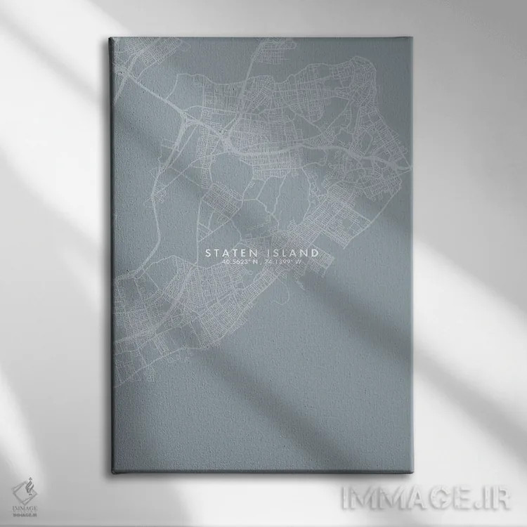 تابلو دکوراتیو New York City Map Grey Blue Style,نقشه منطقه استتن آیلند… اثر وال دکور ادیکت - نمای روبهرو روی دیوار