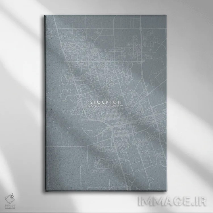 تابلو دکوراتیو California City Map Grey Blue Style,نقشه شهر استوکتون، ک… اثر وال دکور ادیکت - نمای روبهرو روی دیوار