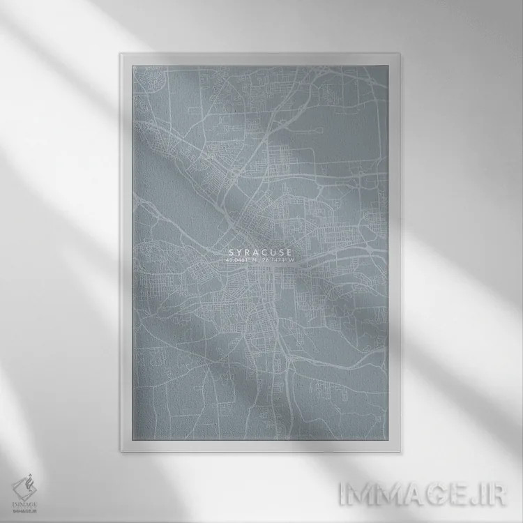 تابلو دکوراتیو New York City Map Grey Blue Style,نقشه شهر سیراکیوز، نیو… اثر وال دکور ادیکت - نمای قابدار سفید