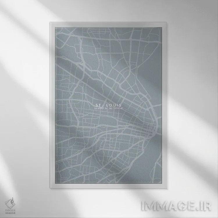 تابلو دکوراتیو نقشه شهر سنت لوئیس به سبک خاکستری و آبی اثر وال دکور ادیکت - نمای قابدار سفید