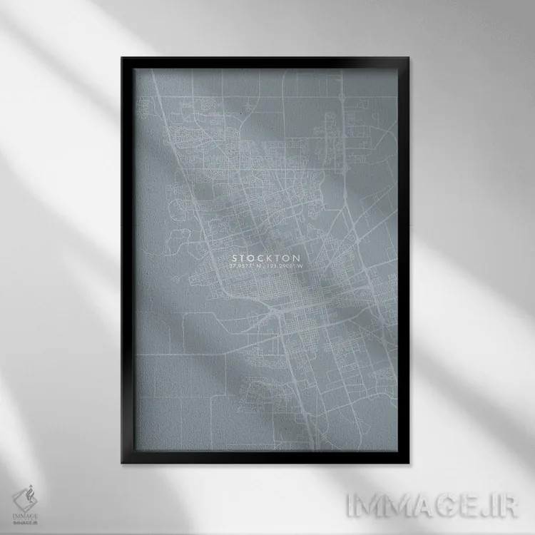 تابلو دکوراتیو California City Map Grey Blue Style,نقشه شهر استوکتون، ک… اثر وال دکور ادیکت - نمای قابدار مشکی