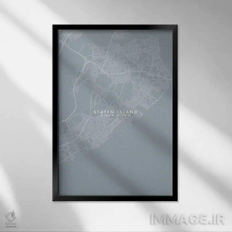 تابلو دکوراتیو New York City Map Grey Blue Style,نقشه منطقه استتن آیلند… اثر وال دکور ادیکت - نمای قابدار مشکی