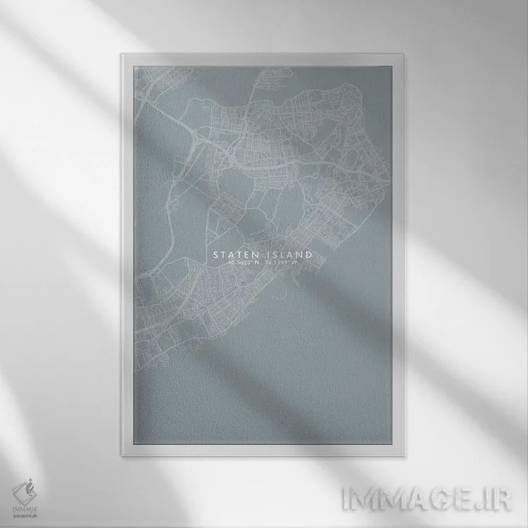 تابلو دکوراتیو New York City Map Grey Blue Style,نقشه منطقه استتن آیلند… اثر وال دکور ادیکت - نمای قابدار سفید