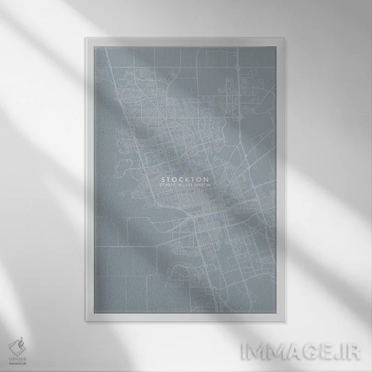 تابلو دکوراتیو California City Map Grey Blue Style,نقشه شهر استوکتون، ک… اثر وال دکور ادیکت - نمای قابدار سفید
