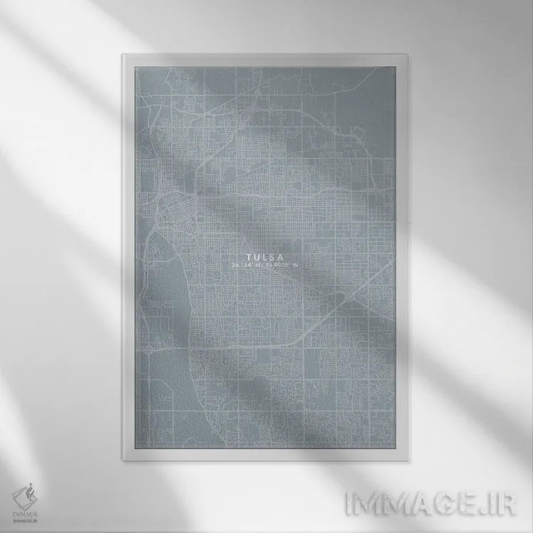 تابلو دکوراتیو نقشه شهر تالسا به سبک خاکستری و آبی اثر وال دکور ادیکت - نمای قابدار سفید