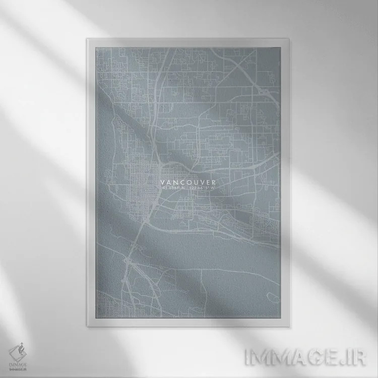 تابلو دکوراتیو نقشه شهر ونکوور به سبک خاکستری و آبی اثر وال دکور ادیکت - نمای قابدار سفید