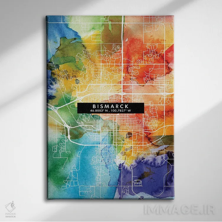 تابلو دکوراتیو North Dakota City Map Colorful Watercolor Style,نقشه شهر… اثر وال دکور ادیکت - نمای روبهرو روی دیوار