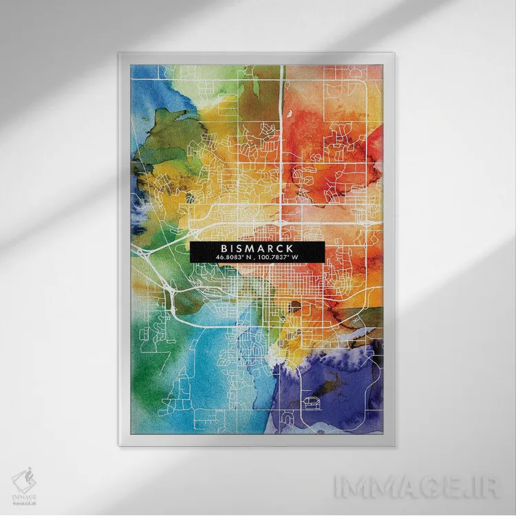 تابلو دکوراتیو North Dakota City Map Colorful Watercolor Style,نقشه شهر… اثر وال دکور ادیکت - نمای قابدار سفید
