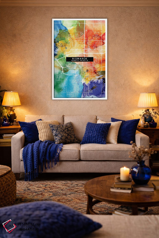 تابلو دکوراتیو North Dakota City Map Colorful Watercolor Style,نقشه شهر… اثر وال دکور ادیکت - D2W