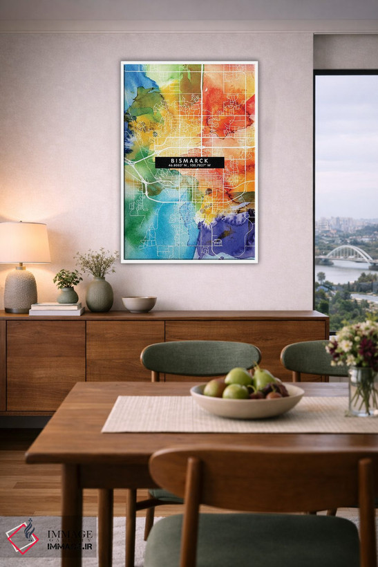 تابلو دکوراتیو North Dakota City Map Colorful Watercolor Style,نقشه شهر… اثر وال دکور ادیکت - D5W