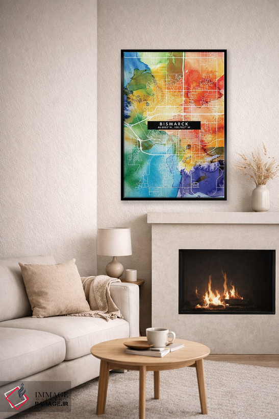 تابلو دکوراتیو North Dakota City Map Colorful Watercolor Style,نقشه شهر… اثر وال دکور ادیکت - D6B