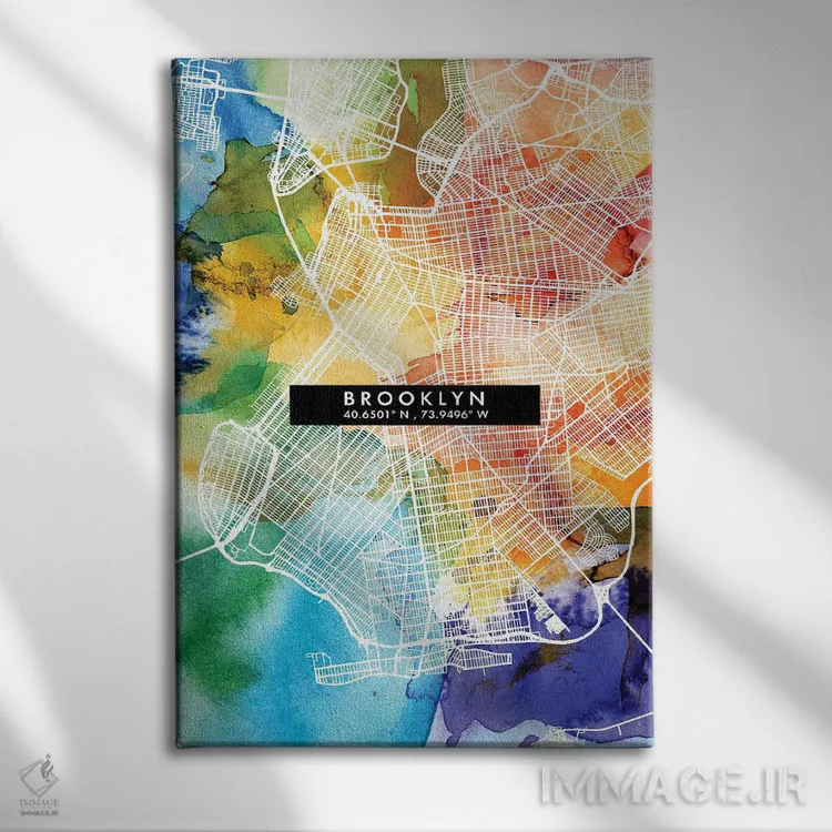 تابلو دکوراتیو New York City Map Colorful Watercolor Style,نقشه منطقه ب… اثر وال دکور ادیکت - نمای روبهرو روی دیوار