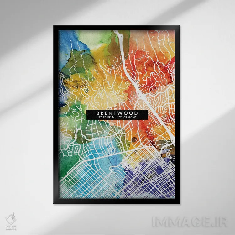 تابلو دکوراتیو California City Map Colorful Watercolor Style,نقشه شهر ب… اثر وال دکور ادیکت - نمای قابدار مشکی