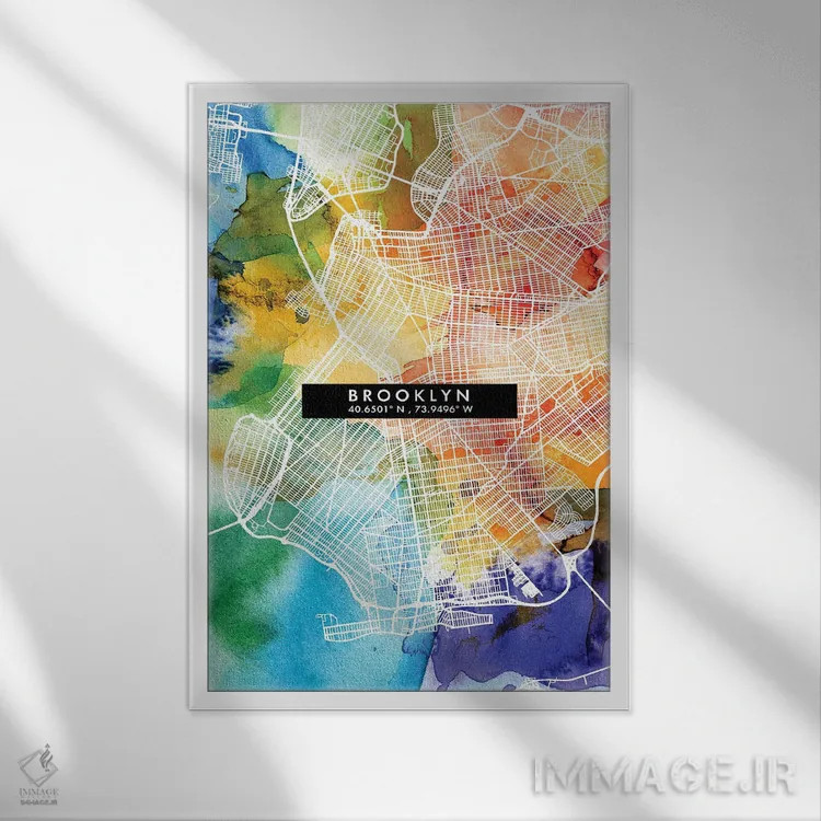 تابلو دکوراتیو New York City Map Colorful Watercolor Style,نقشه منطقه ب… اثر وال دکور ادیکت - نمای قابدار سفید