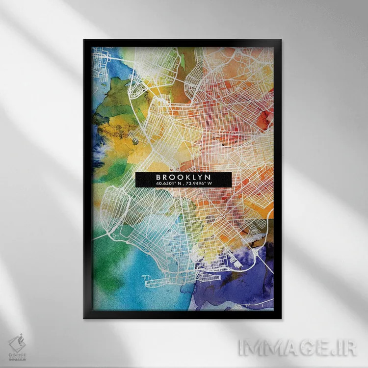 تابلو دکوراتیو New York City Map Colorful Watercolor Style,نقشه منطقه ب… اثر وال دکور ادیکت - نمای قابدار مشکی