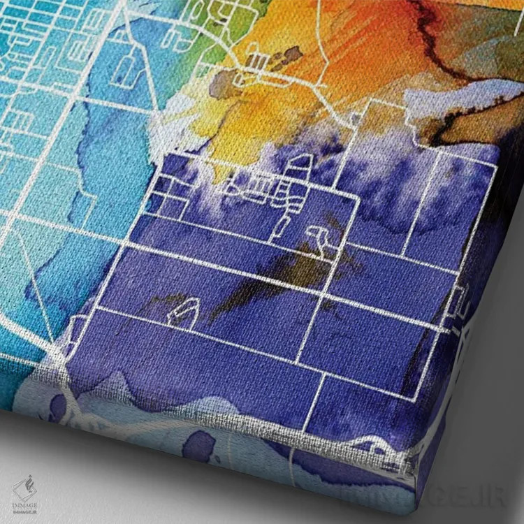 تابلو دکوراتیو نقشه شهر دیموین به سبک آبرنگی و رنگارنگ اثر وال دکور ادیکت - نمای نزدیک بافت بوم