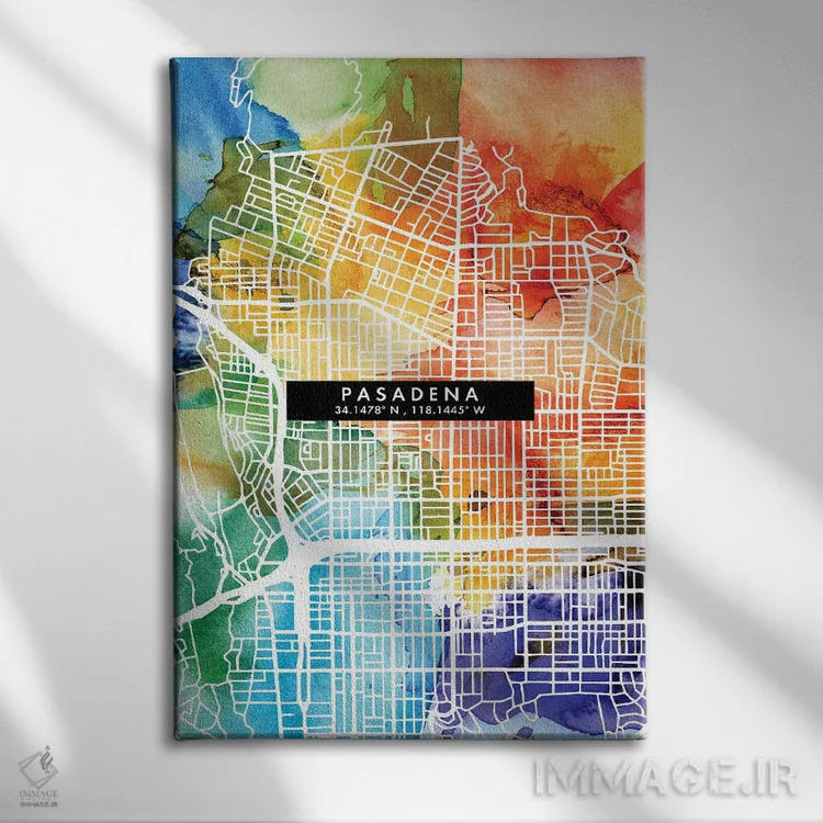 تابلو دکوراتیو California City Map Colorful Watercolor Style,نقشه شهر پ… اثر وال دکور ادیکت - نمای روبهرو روی دیوار