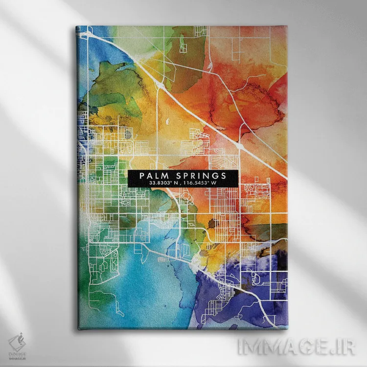 تابلو دکوراتیو California City Map Colorful Watercolor Style,نقشه شهر پ… اثر وال دکور ادیکت - نمای روبهرو روی دیوار