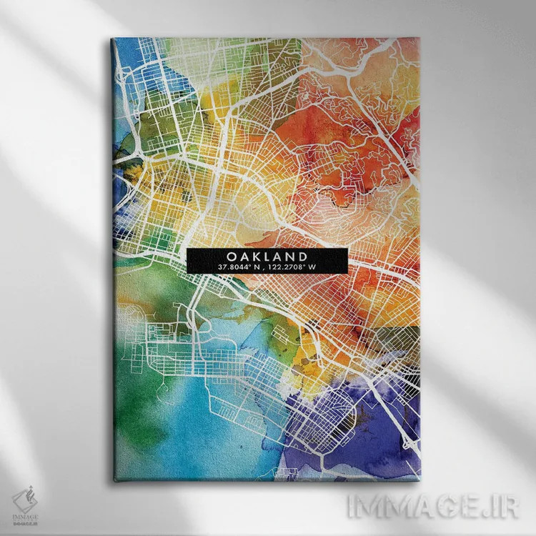 تابلو دکوراتیو California City Map Colorful Watercolor Style,نقشه شهر ا… اثر وال دکور ادیکت - نمای روبهرو روی دیوار