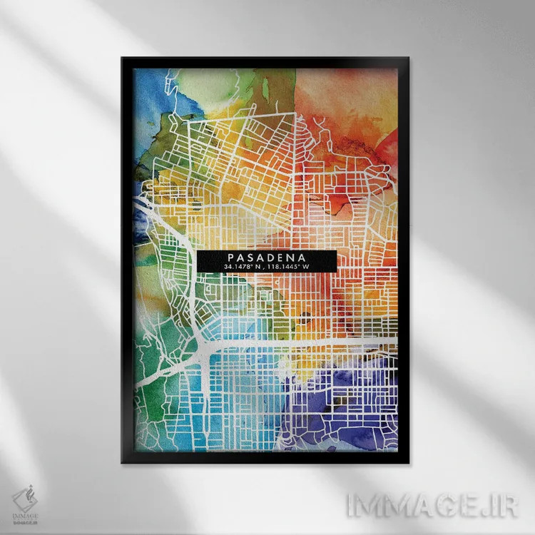 تابلو دکوراتیو California City Map Colorful Watercolor Style,نقشه شهر پ… اثر وال دکور ادیکت - نمای قابدار مشکی